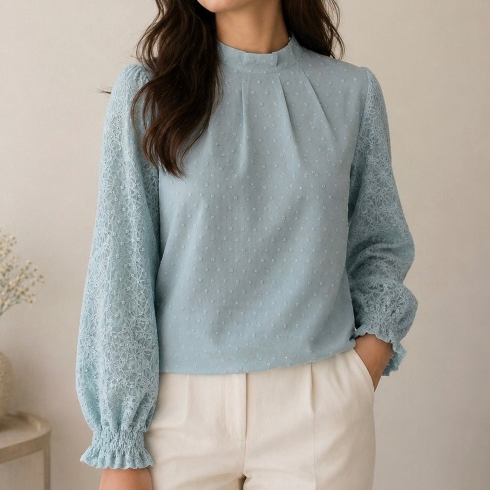 Light Blue Clip Dot Lace Sleeve Blouse Pleated High Neck Smocked Cuff Top XL
